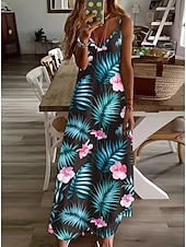 halpa Kukkaiset mekot-Naisten Maksimekko Kesämekko A linjainen mekko Slip Mekko Loma Vapaa-aika Boheemi Hiekkaranta Loose Fit Kuvitettu Lehti Hihaton V kaula-aukko Spagettiolkaimet Valkoinen Vaalean vihreä Punastuvan
