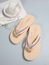 billiga Slide Sandaler-Damflip-flops med glittriga strassdetaljer - eleganta beige sandaler med kristalldetaljer, bekväma platåsandaler för sommarsemester, avkoppling vid poolen &amp;öresor