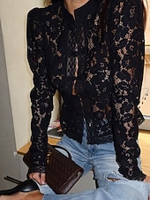 economico Top in Pizzo-Per donna Camicia Camicia di Pizzo Blusa Pizzo Patchwork Bottoni Semplice Elegante Vintage Quotidiano Manica Lunga Manica a Palloncino Collo Alto Top Regolari Quotidiano Lavoro Ferie Nero Bianco