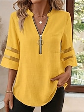 economico Bluse Semplici-Per donna Camicia Blusa Nero Bianco Giallo Liscio A strisce Cerniera Manica a 3/4 Giornaliero Per eventi Essenziale Lavoro Informale A V S
