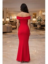 baratos Vestidos de Festa Sereia-Mermaid Trumpet Floor Length Evening Gown Elegant Sleeveless Off Shoulder Prom Wedding Stretch Crepe with Sequin Appliques