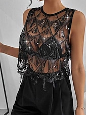 economico Serbatoio Semplice-Per donna Maglietta Canotta Paillettes Tinta unica Moda Caldo Roccia Senza Maniche Girocollo Top Regolari Quotidiano Uscire Weekend Nero Estate Primavera Autunno