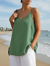 abordables Camisas-Mujer Chaleco de lino y algodón Blusa Espalda al Aire Plano Activo Casual Sin Mangas Con Tirantes Tops regulares Diario Festivos Noche Negro Blanco Amarillo Morado Verde Trébol Verano Primavera