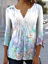 preiswerte Blumen-T-Shirt-Damen T-Shirt Floral Grafik Elegant 3/4 Länge Ärmel V-Ausschnitt Lange Oberteile Täglich Ausgehen Volants Knöpfe Blau Gelb Violett Grün Sommer Frühling