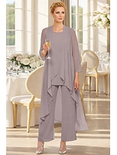 voordelige Broekpakken van mama-3-delig pak Tot de grond Moeder van de bruid jurk Mouwloos Nek boot Elegant Grote maten Bruiloft gast Chiffon Wrap inbegrepen met Effen kleur