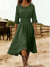 お買い得  シンプルなドレス-女性用 ミディドレス A ラインドレス 旅行度假风 カジュアル レギュラー 平織り 七分袖 クルーネック ブルー ブラック ピンク ネイビーブルー 夏 春 秋