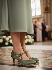 cheap Mother of Bride/Groom-Women's Green Kitten Heels with Buckle – Round Toe Low Heel Elegant Mary Jane Pumps for Indoor Church Weddings, Mother of the Bride &amp; Sophisticated Ladies