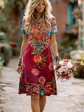 tanie Sukienki kwiatowe-Damskie Sukienka midi Sukienka trapezowa Sukienka t-shirtowa Codzienny Codzienny Regularny Kwiaty Graficzny Krótki rękaw Półgolf Czerwony Królewski błękit Fioletowy Zielony Lato Wiosna