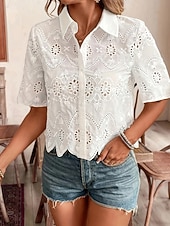 voordelige Kant Tops-Dames Blouse Vetergat Effen Kleur Stijlvol Casual Korte mouw Overhemdkraag Normale tops Dagelijks Wit Zomer Lente Herfst