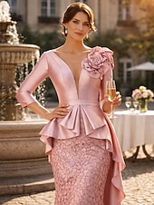 preiswerte Bodenlänge-Schlauchkleid Bodenlang Kleid für Hochzeitsgäste Abendkleid Figurbetontes Kleid Brautmutterkleid Dreiviertelarm V Ausschnitt Elegant Party Hochzeitsgast Formeller Abend Satin Spitze mit Applikationen
