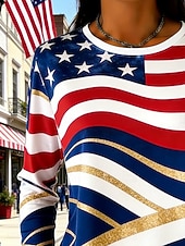 Amerikansk uavhengighetsdag Dame T skjorte T-skjorte Trykt mønster Grafisk Flagg Stripet Mote Grunnleggende Klassisk Langermet Crew-hals Vanlige topper Daglig Ut på byen Helg Rød Sommer Vår Høst