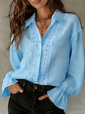 voordelige Effen Blouses-Dames 100% Katoenen Blouse Faux Linnen Geplooide Knoppen Effen Kleur Stijlvol Basis Casual Lange Mouwen Kraag Reguliere Tops Dagelijks Blauw Zwart Wit Roze Beige Lente Fall Winter