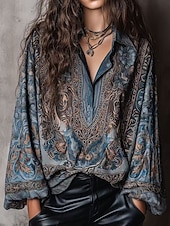 abordables Blusas Florales-Mujer Camisa Camisa casual Cachemir Vintage Elegante Clásico Manga Larga Escote en Pico Tops regulares Diario Festivos Noche Azul Piscina Primavera Otoño