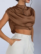 preiswerte Schicke Blusen-Damen Hemd Satinhemd Bluse Wickel-Crop-Top Gerafft Einfach Vintage Stilvoll Klassisch Kurzarm Hoher Ausschnitt Crop Tops Täglich Ferien Ausgehen Schwarz Weiß Marineblau Braun Grün Frühling Herbst