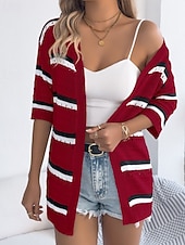 billiga Enkla blusar-Dam Skjorta Blus Stickad Randig Stylish Klassisk Modern Halvlång ärm V-hals Vanliga toppar Dagligen Helgdag Utekväll Vin Brun Kaki Sommar Vår