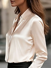  Per donna Camicia Elegant Top in raso A calotta di seta Bottoni Tinta unica Elegante Essenziale Casual Manica Lunga Colletto a Camicia Top Regolari Quotidiano Ferie Blu Argento Nero Bianco Champagne