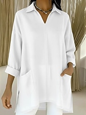 cheap Essential Faux Shirts-Women's Linen Like Faux Cotton Linen Blouse Pocket Buttons Solid Color Stylish Casual Long Sleeve Shirt Collar Long Tops Daily Blue Black White Red Purple Spring Fall