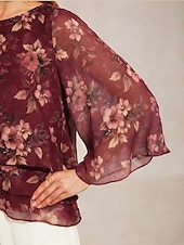 abordables Blouses Florales-Femmes Chemisier Hauts en mousseline de soie À lacets Fleuri Élégant Manche 3/4 Manche cloche Col ras du cou Hauts Réguliers Quotidien robe demoiselle d honneur Fête Vin Été Printemps Automne