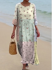 baratos Vestidos Florais-Mulheres Vestido Longo Vestido de turno Vestidos Para o Verão Vestido A Line Férias Casual Boho Praia Para Noite Ajuste Largo Floral Gráfico Manga 3/4 Crewneck Folha cáqui Arco-íris Verão Primavera