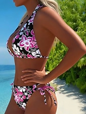 abordables Ensemble de bikinis-Femmes Maillots de Bain Bikini 2 pièces Coquin Maillot de bain Mince Dos nu Vacances Tenues de plage Fleuri Col Halter Sans manches Maillots de bain