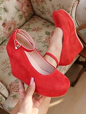 levne Retro styl 50. let-Dámské červené lodičky na klínku s páskem přes kotník – elegantní platformové podpatky z 50. let pro milovnice retro stylu, večírky, svatby a večerní akce