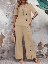 cheap Women's Blouse Suits-Women's Pants Sets Bolero Faux Cotton Linen Short Sleeve Crew Neck Solid Color Fashion Streetwear Casual Daily Outdoor Blue White Khaki Summer Regular Fit