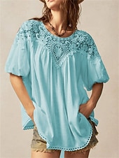 abordables Tops de Encaje-Mujer Tops de verano Blusa Tops de encaje Frunce Encaje Retazos Plano Elegante Tropical damas Manga Corta Manga de la linterna Cuello Barco Tops regulares Diario Trabajo Festivos Blanco Amarillo Rojo