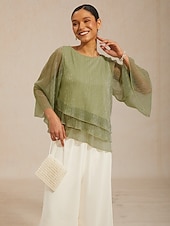 preiswerte Schicke Blusen-Damen Chiffon Tops Plissiert Geschichtet Metallisch Elegant Dreiviertelarm Rundhalsausschnitt Normale Oberteile Hochzeitsgast Hellgrün Sommer Frühling Herbst