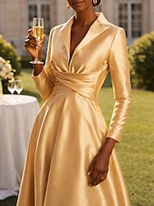 economico Lunghezza del pavimento-Linea ad A Lunghezza al pavimento Abito da invitata a nozze Abito Formale Abito svasato Abito da cerimonia per signora Manica Lunga Colletto a Camicia Elegante Formale Ospite di nozze Raso con