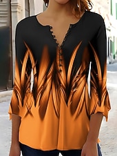  Womenská trička  Ombre grafické abstraktní elegantní vintage stylové 3/4 délka rukáv V výstřih dlouhé topy každodenní vycházky knoflíky modrá červená oranžová zelená léto jaro podzim