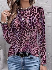 baratos Camiseta listrada e geométrica-Mulheres Camiseta Imprimir Gráfico Geométrica Abstrato Vintage Moda à moda Manga Longa Gola Redonda Tops regulares Diário Azul Vermelho Roxo Fúcsia Marron Verão Primavera