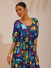 economico abito casual stampato-Abito lungo in raso a trapezio con motivi geometrici, perfetto per una fuga estiva.