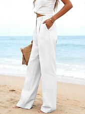 preiswerte Wesentliche Falsche Unterteile-Damen Kunstbaumwollleinen Weites Bein Freizeithose Sommerhose Urlaub Streetwear Basic Volle Länge Mittlere Taillenlinie Einfach Tasche Atmungsaktivität Bequem Unelastisch Täglich Outdoor Urlaub Blau