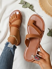 economico Infradito scivolosi-sandali bassi da donna in similpelle marrone chiaro – stile estivo casual con cinturino incrociato minimale, scarpe comode e leggere per le vacanze, le passeggiate in spiaggia, i viaggi in città e l'uso quotidiano