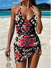 cheap Tankinis-Women's Swimwear Tankini Skirt Swimsuit Halter Elegant Vacation Floral Graphic V Neck Sleeveless Bathing Suits