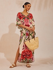 billiga tryck avslappnad klänning-Hawaii Palm böljande maxiklänning i chiffong med blommig design