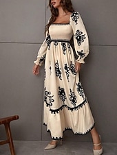 abordables Vestido Boho de Vacaciones-Mujer Vestido maxi Vestido de una línea Vestido de flores Elegante Moda Moderno Exterior Vacaciones Fiesta Ajuste regular Floral Manga Larga Escote Cuadrado Negro Burdeos Marrón Albaricoque Primavera