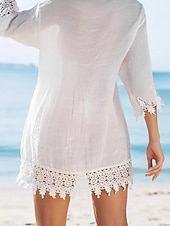 abordables Vestidos de playa-Mujer Mini vestido Vestido blanco vestido de playa Tapadera Elegante Moda Clásico Diario Exterior Playa Holgado Plano Manga 3/4 Escote en Pico Blanco Verano Primavera