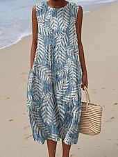 preiswerte Boho Kleider-Damen Midi Kleid Leinenähnliches Sommerkleid Shift Kleid A-Linien Kleid Urlaub Freizeit Boho Strand Party Ausgehen Lockere Passform Floral Grafik Ärmelos Rundhalsausschnitt Blau Rosa Dunkelblau