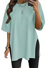 voordelige Effen t-shirt-Dames T-shirt Zijsplit Effen Kleur Grafisch Modieus Klassiek Casual Korte mouw Strakke ronde hals Ronde hals Lange tops Dagelijks Uitgaan blauw Zwart Wit Lichtgroen Blozend Roze Zomer Lente