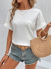 abordables Camiseta lisa-Mujer Camiseta Botones Estriado Color sólido A Rayas Elegante Casual Manga Corta Cuello Barco Escote Redondo Tops regulares Diario Noche Blanco Verano Primavera