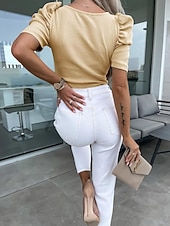 levne jednoduché tričko-Dámské Pletené topy s ripcí Elegantní stylové Sexy Krátký rukáv Nahoře nabírané Do V Běžné topy Denní Jdeme ven Černá Bílá Khaki Léto Jaro