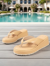 baratos Sandálias plataforma anabela-Chinelo feminino amarelo chique com plataforma - sandálias minimalistas de bico aberto com tiras acolchoadas - calçado sofisticado para férias tropicais e para usar à beira da piscina.