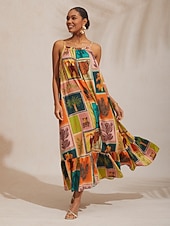 billige uformell kjole med trykk-Feriestrandelement løs passform i chiffong-camikjole