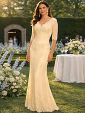 abordables Longueur du plancher-Sirène Trompette Longueur au sol Robe d'invité de mariage Robe de Cérémonie Robe de soirée Robe de Mère de Mariée  Demi Manches Col en V Grande taille Sexy robe demoiselle d honneur Chiffon Dentelle