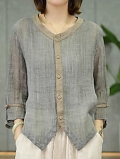 baratos Camisas Falsas Essenciais-Mulheres Linho de algodão sintético Botões Côr Sólida à moda Básico Casual Manga Longa Decote V Tops regulares Diário Azul Verde Claro Rosa Roxo Cinza Claro Verão Primavera Outono