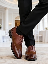 voordelige Oxford Shoes-Men's Brown Faux Leather Oxford Dress Shoes, Classic Lace-Up Design, Polished Finish, Elegant Formal Style for Grooms &amp; Wedding Guests