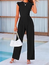 お買い得  ジャンプスーツ-女性用 ジャンプスーツ 活発的 純色 ノースリーブ ワイドレッグ ラウンドネック ラッフル ポケット 日常 バケーション レギュラー ブラック ネイビーブルー 春