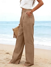 preiswerte Wesentliche Falsche Unterteile-Damen Kunstbaumwollleinen Weites Bein Freizeithose Sommerhose Urlaub Streetwear Basic Volle Länge Mittlere Taillenlinie Einfach Tasche Atmungsaktivität Bequem Unelastisch Täglich Outdoor Urlaub Blau