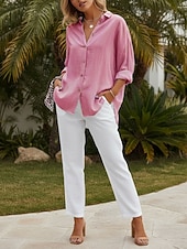 billiga Viktiga Falska Skjortor-Dam Skjorta Button Down skjorta Casual skjorta Knappar Slät Stylish Klassisk Modern Långärmad Tröjkrage Vanliga toppar Dagligen Helgdag Utekväll Blå Vit Rodnande Rosa Sommar Vår